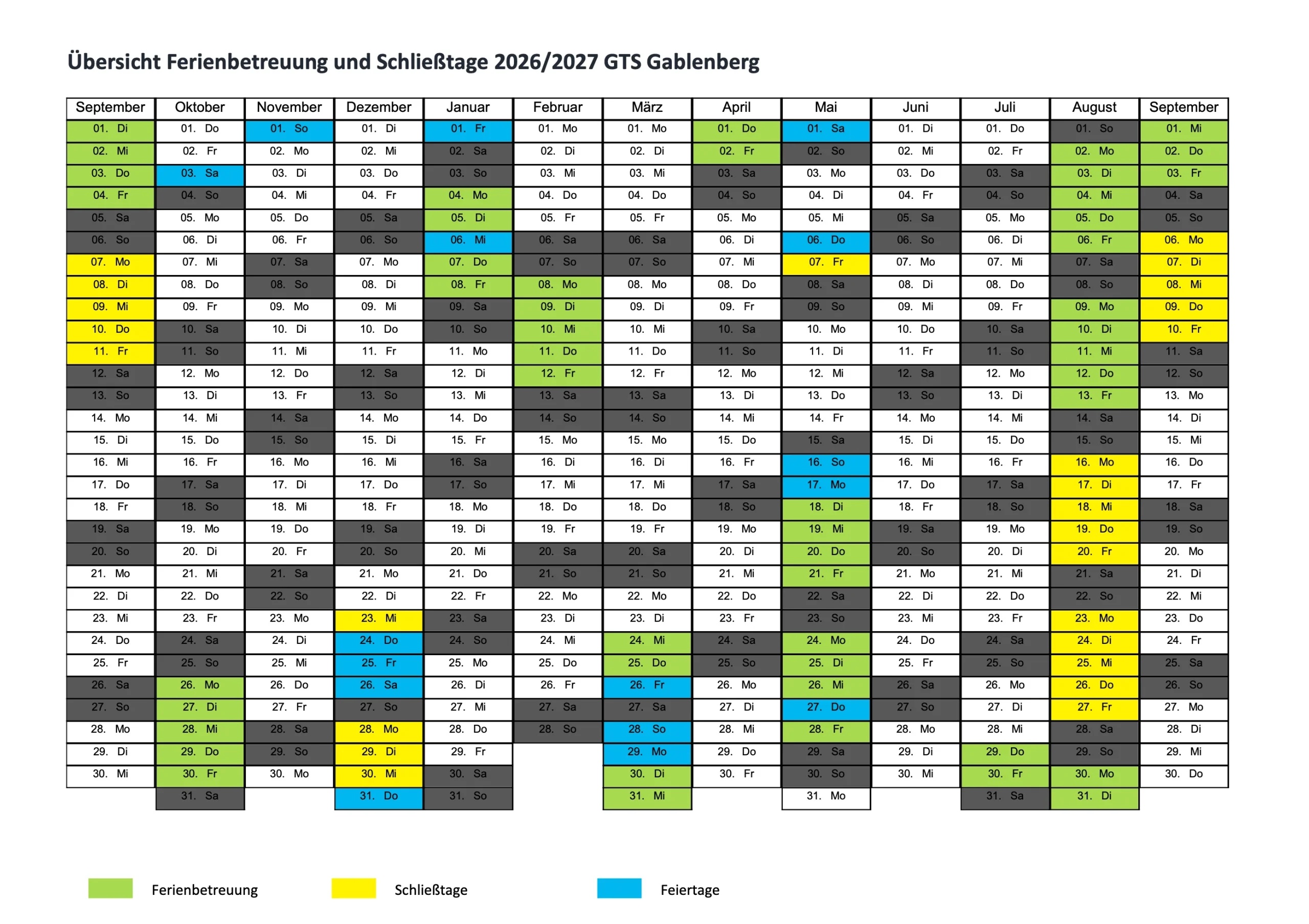 Kalender 2026/2027: Tage mit Ferienbetreuung (grün), Schließtage (gelb) und Feiertage (blau) der GTS Gablenberg