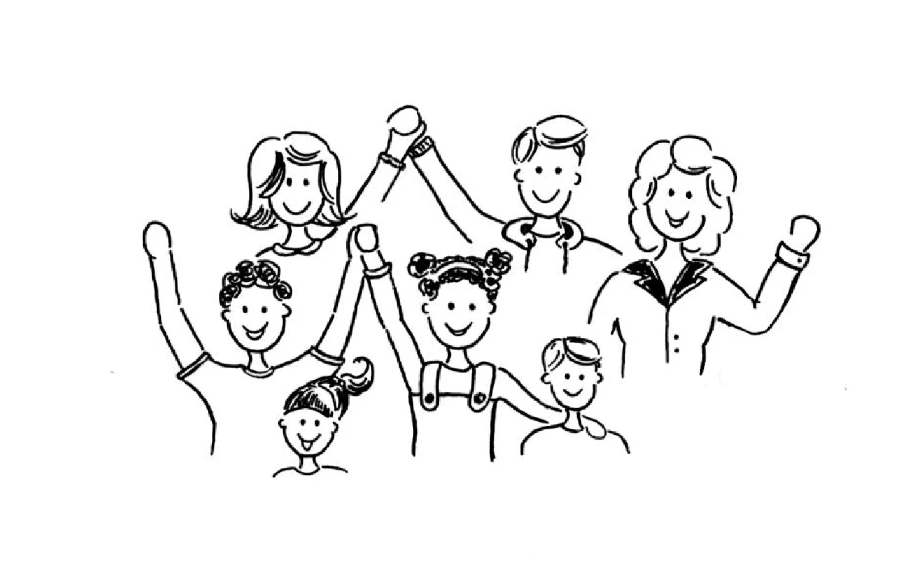 Ganztag Gablenberg Gezeichnete Illustration: fröhliche Kinder und Ganztagespädagoginnen mit erhobenen Armen