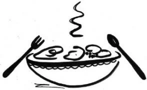 Mittagessen Gezeichnete Illustration: dampfende Schüssel mit Gabel und Löffel